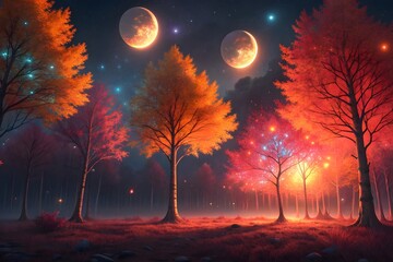 Fantasy illustration of magical autumn forest with glowing trees, twin moons, and surreal night sky.