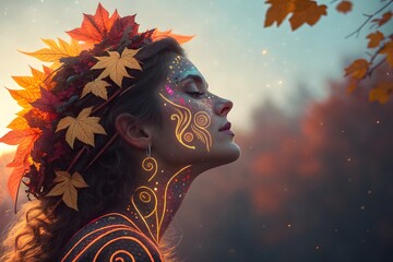 Surreal illustration of woman with autumn leaves crown and glowing body art patterns, symbolizing fantasy, imagination, and mysticism.