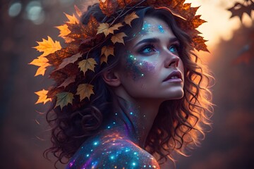 Fantasy portrait of woman with autumn leaves crown and glowing cosmic body art, symbolizing imagination, nature, and mysticism.