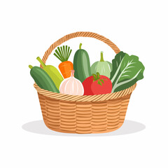 Wicker basket filled with assorted vegetables in rustic vector style, conveying harvest and healthy eating.