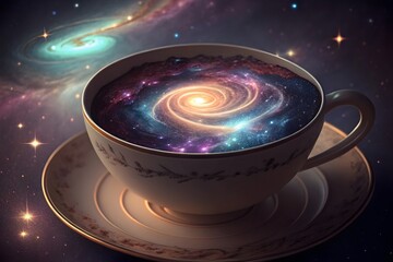 Surreal digital illustration of galaxy inside a coffee cup, blending cosmos with creativity.
