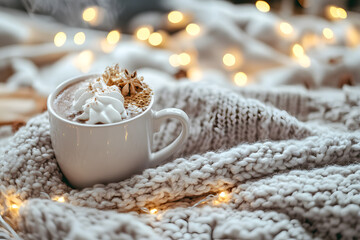 Hot chocolate with whipped cream and spices in white mug on cozy knit blanket with Christmas lights, festive winter treat
