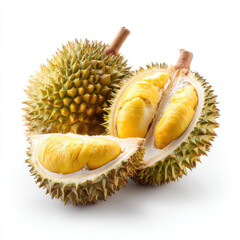Obraz premium Durian Fruit Display, Whole and Cut on White Background