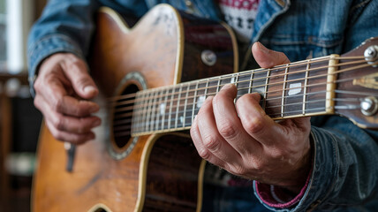 Fototapeta premium Her fingers stumble over chords on the worn fretboar