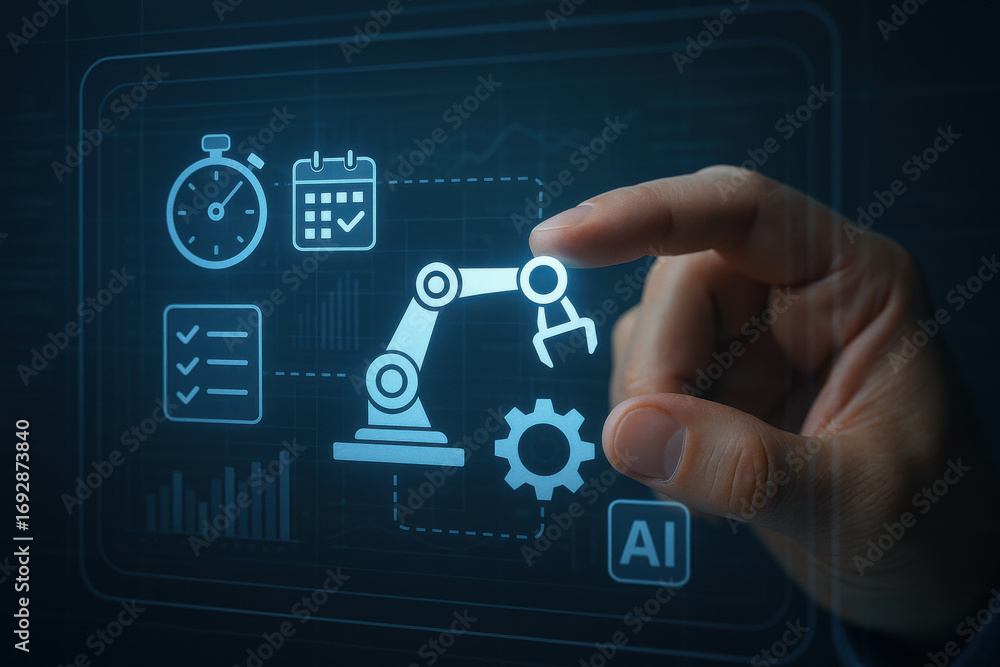 Aufkleber artificial intelligence concept with robotic arm and automation icons on screen