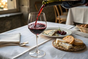Red wine poured into glass with cheese and bread on table, symbolizing luxury dining and gourmet lifestyle.