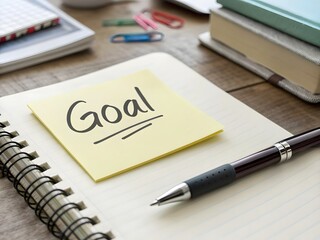 Sticky note with word goal on notebook and pen for planning, motivation, and productivity.
