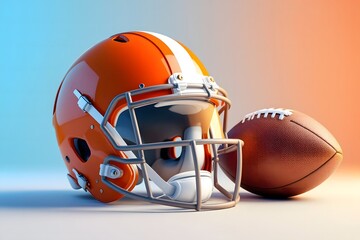 Orange american football helmet and textured ball prominently displayed on a smooth color gradient background