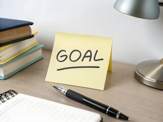 Sticky note with word goal on desk, symbolizing motivation, productivity, and business planning.