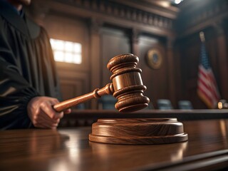 Close-up of a judge using a wooden gavel in a courtroom, symbolizing justice, law, and legal proceedings.