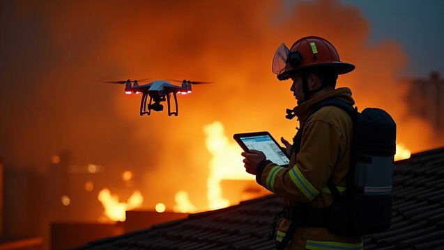 Firefighter uses drone technology and tablet computer to monitor a dangerous building fire with intense flames and smoke