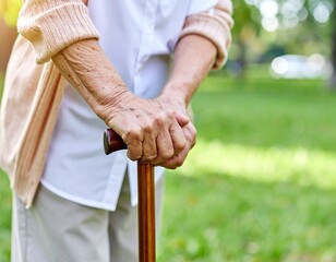 Closeup old hand with crutch