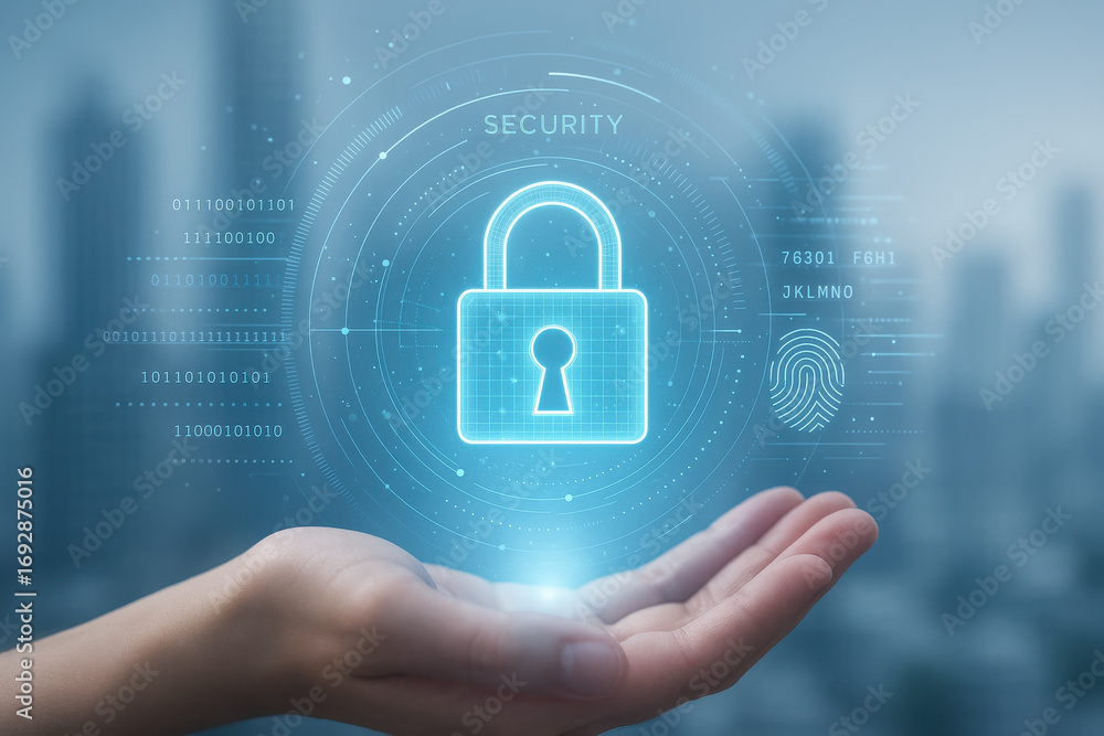 Poster digital security lock and fingerprint icon floating above hand with blurred city background