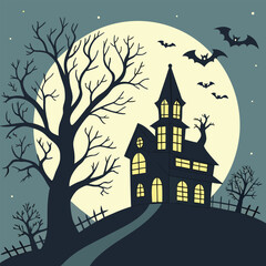 Spooky Haunted House Silhouetted Against Large Full Moon with Flying Bats, Halloween Scene, Creepy Gothic Mansion, Nighttime Horror Illustration