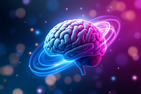 Futuristic human brain with neon glow and cosmic stars symbolizing innovation and intelligence