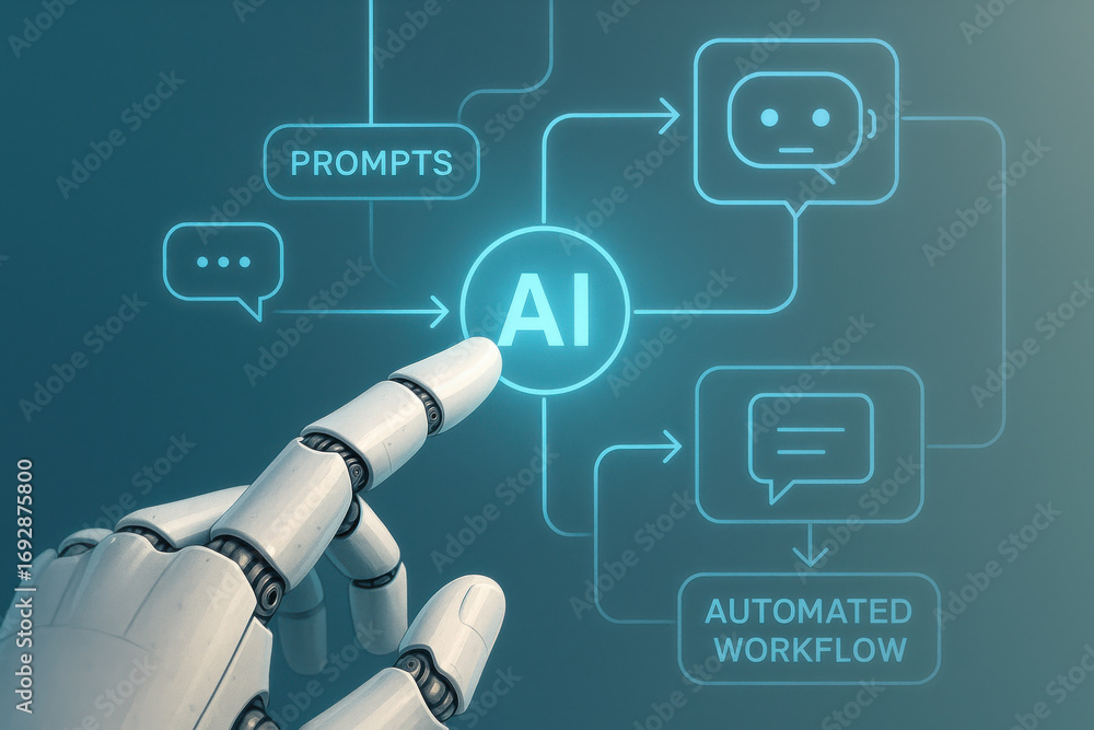 Poster artificial intelligence concept with robotic hand pointing at ai icon and workflow