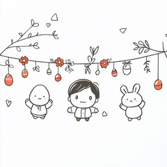 Cheerful cartoon characters, an adorable egg, happy child, and cute animal, stand whimsical festive Easter garland