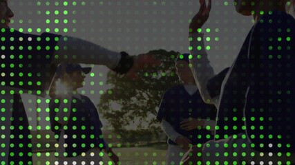 Three baseball players exiting arch greeting smartphone then teenage joining highfiving and waving - Powered by Adobe