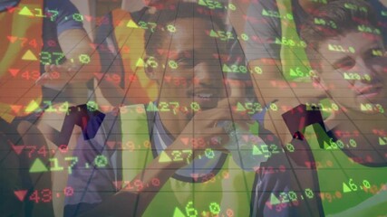 Three male runners sipping water during break starting animated stock arrows floating around grid - Powered by Adobe