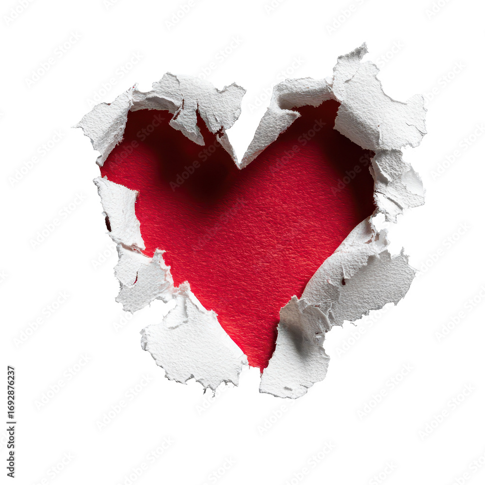 Poster torn paper revealing a heart shape with a vibrant red background creates a striking contrast and art