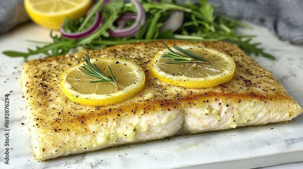 Poster a macro shot of a fish fillet on a plate with slices of lemon and a green bean sprig