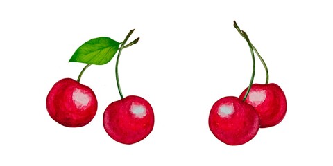 Obraz premium Set of watercolor illustrations with branches of juicy red two cherries green leaves on a white background.