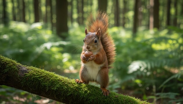 A cute red squirrel looks at the camera while eating a nut on a mossy branch in a green forest.