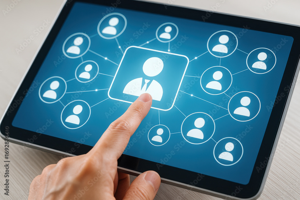 Poster user icon network on digital tablet screen with finger pointing on central profile