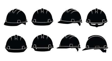 various styles of safety helmets shown in black and white