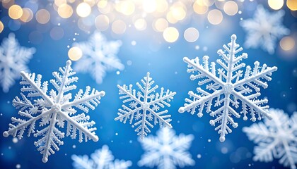 A digitally crafted winter scene showcases several floating snowflakes against a gradient blue background. 