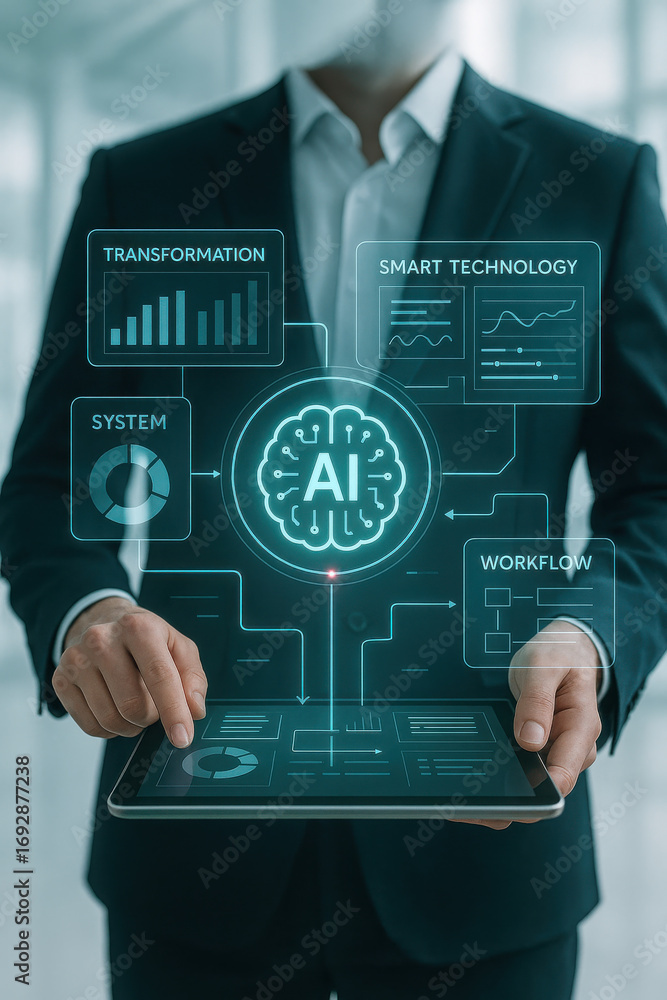 Poster artificial intelligence concept with digital interface and business person