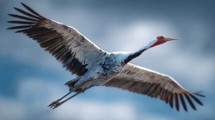 Fototapeta premium Ultra realistic crane soaring high aerial wide angle perspective showing expansive sky backdrop lifelike wildlife detail