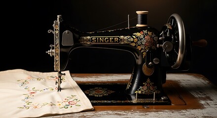 Vintage Singer Sewing Machine with Embroidered Fabric