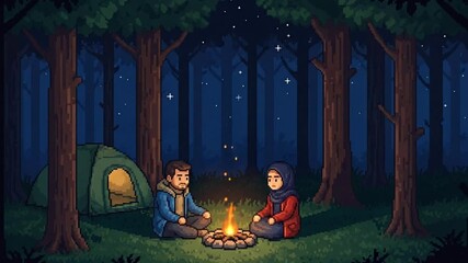 Charming pixel art illustration of a diverse couple finding warmth and connection by a campfire during a serene night of camping in the forest - Powered by Adobe