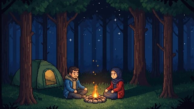 Charming pixel art illustration of a diverse couple finding warmth and connection by a campfire during a serene night of camping in the forest