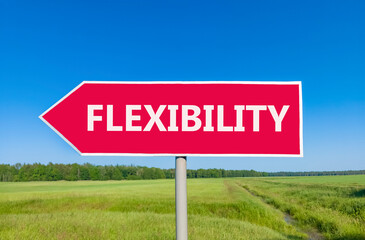 Flexibility symbol. Concept word Flexibility on beautiful red road sign. Beautiful blue sky green grass and forest peaceful nature background. Business flexibility concept. Copy space.