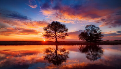 Obraz premium Silhouetted Tree Reflecting In Vibrant Sunset Dramatic Landscape