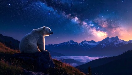A majestic white bear sits atop a rocky outcrop, gazing toward a vibrant night sky filled with the Milky Way. Snow-capped mountains and rolling hills fill the background
