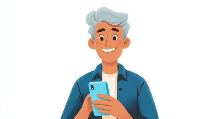 A cheerful elderly man with gray hair smiles warmly while holding a bright blue smartphone with both hands against a cle