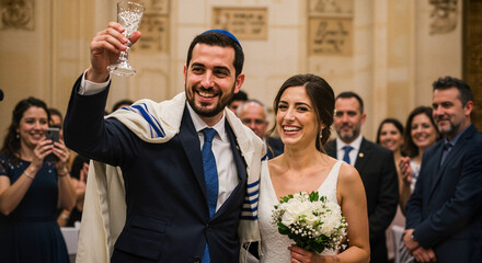 A groom at a Jewish wedding raises a ritual glass to be broken in memory of the destroyed Temple