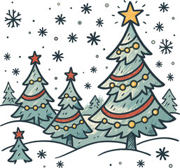 Fototapeta premium Christmas Tree Vector Illustration – Festive Holiday Winter Scene with Decorations and Snowflakes