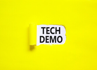 Tech demo symbol. Concept word Tech demo on beautiful white paper. Beautiful yellow paper...