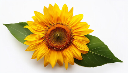 Obraz premium Bright Yellow Sunflower With Green Leaf On White Background Sunflower Yellow Bright Flower Bloom Sun