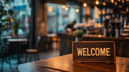 Isolated word "WELCOME" on desk in modern office, blurred background with window and coffee shop interior design. , 8k, real photo, photo.