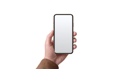 Hand holding smartphone mockup on leather sofa isolated on transparent background 