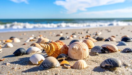 Obraz premium Seashells on Sandy Beach by Ocean