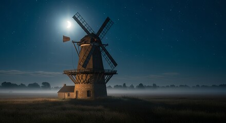 Antique windmill at night