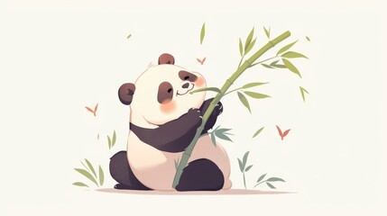 Naklejka premium A cartoon panda sits peacefully in a bamboo forest,