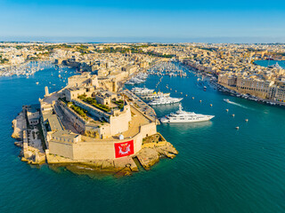 Drone view of famous old Senglea, Birgu cities. Maltese island