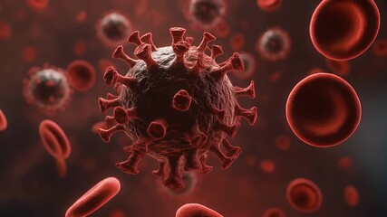 A microscopic view of a coronavirus particle surrounded by red blood cells, illustrating viral infection and disease. - Powered by Adobe